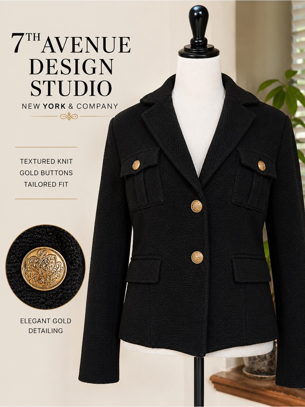7th Avenue Design Studio Textured Gold Button Blazer Jacket Size 8 Black